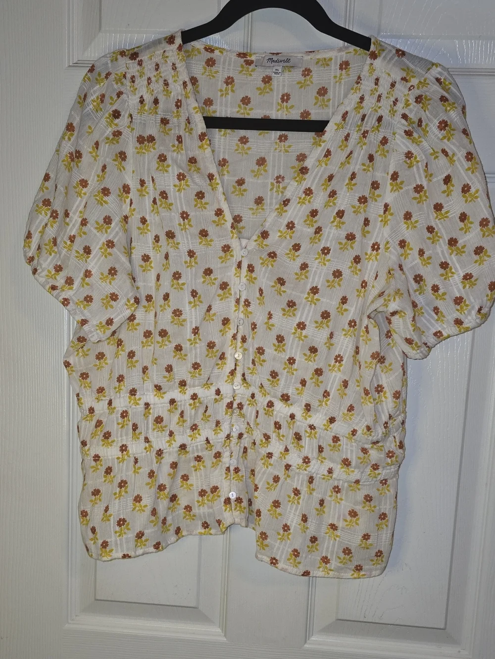 Madewell Floral Button-Front Puff Sleeve Blouse in White